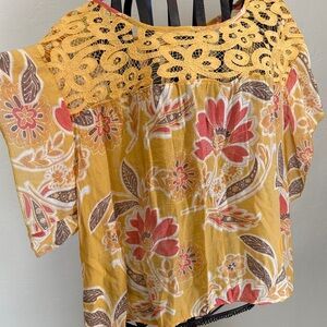 Unique Spectrum Yellow and Red Floral Lace Blouse